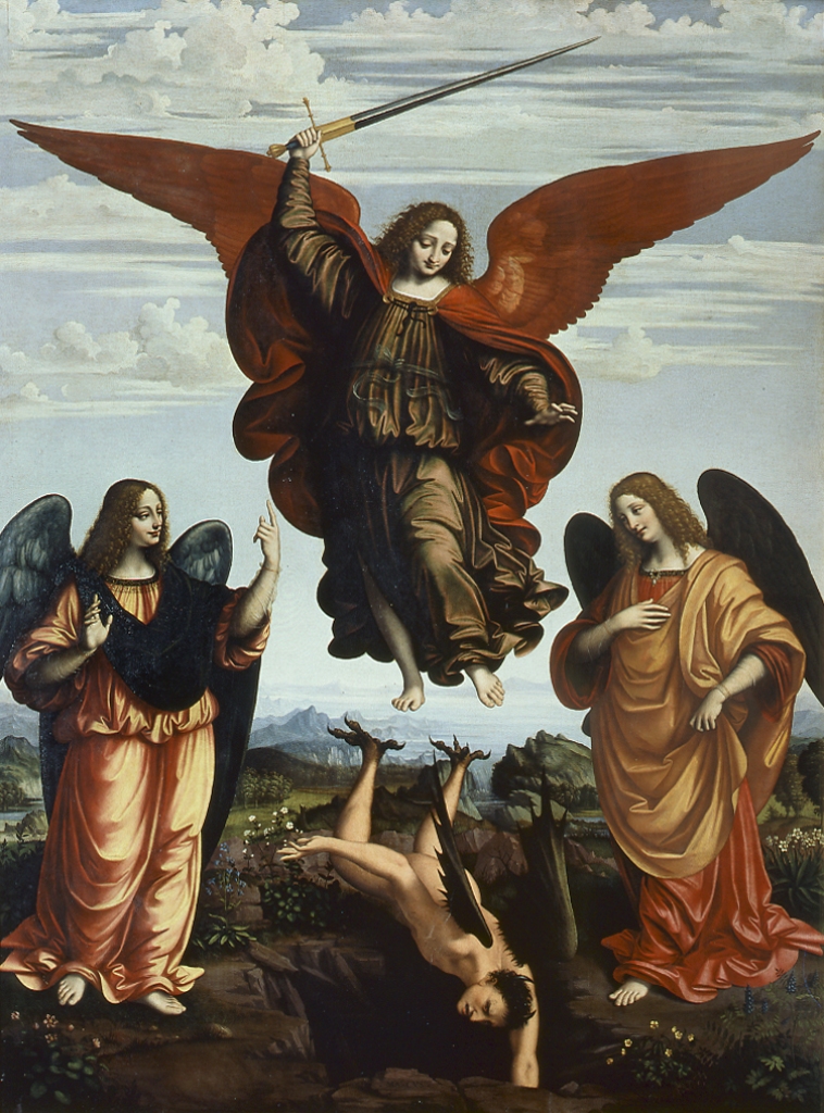 Marco d’Oggiono’s painting of the Three Archangels Casting Satan into Hell where the background landscape represents newly created Earth. 
